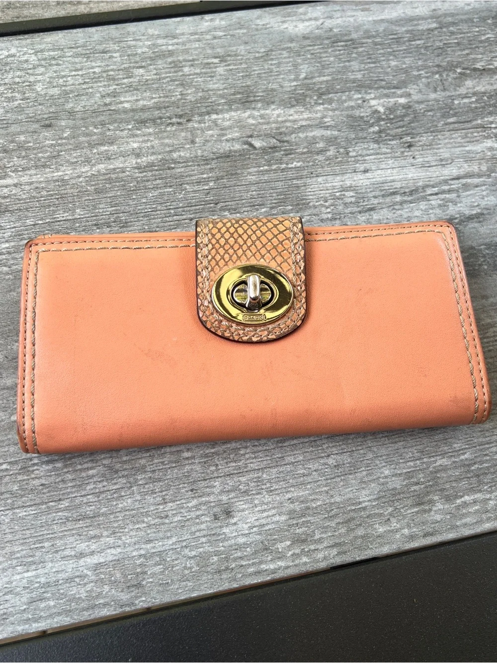 Coach Peach Leather Turn-Lock Wallet with Snakeskin Accent